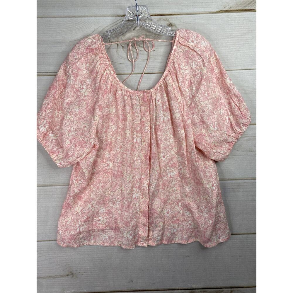 J.Crew Womens Button-Up Top Sz 14 100% Linen Pink Floral Puff Sleeve V Back Tie